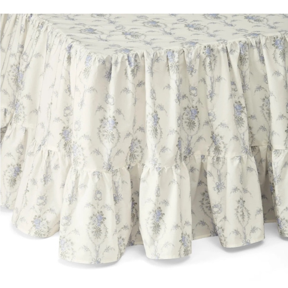 LoveShackFancy Cream Floral Ruffled Bedskirt with Light Blue Accents